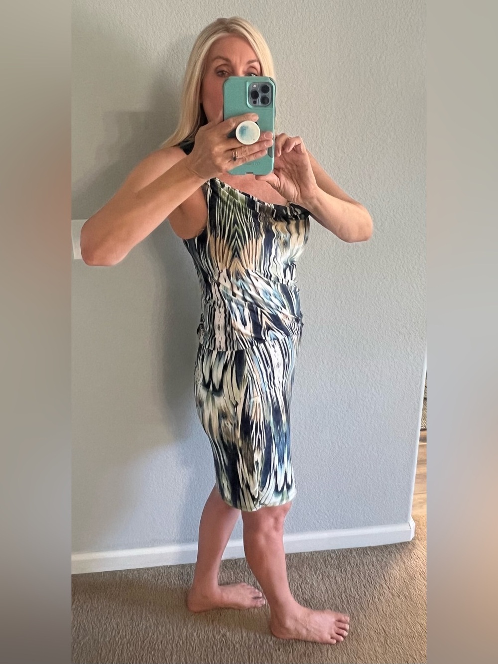 S-Twelve One-Shoulder Abstract Print Midi Dress in Navy, Cream, Black